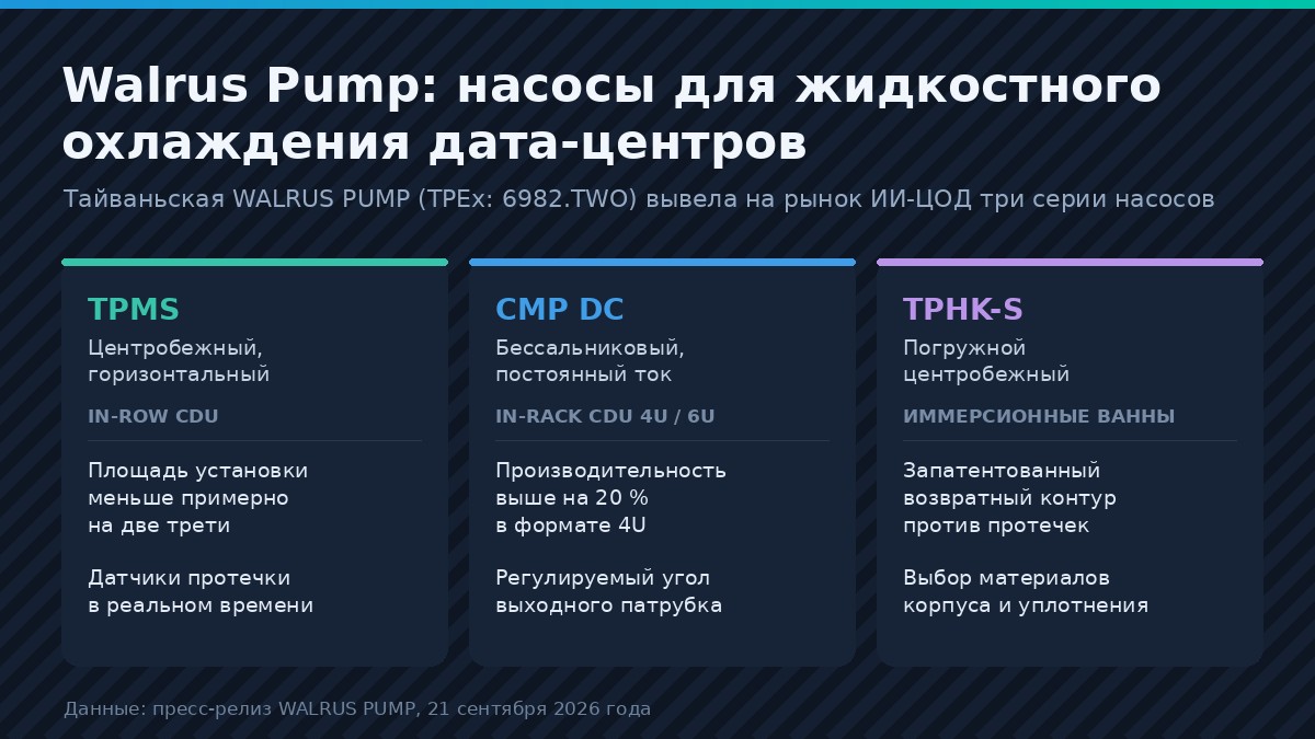 Три серии насосов Walrus Pump для жидкостного охлаждения дата-центров: TPMS, CMP DC и TPHK-S